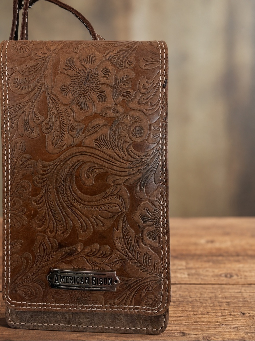 Western Tooled Genuine Leather Phone Crossbody Wallet – American Bison